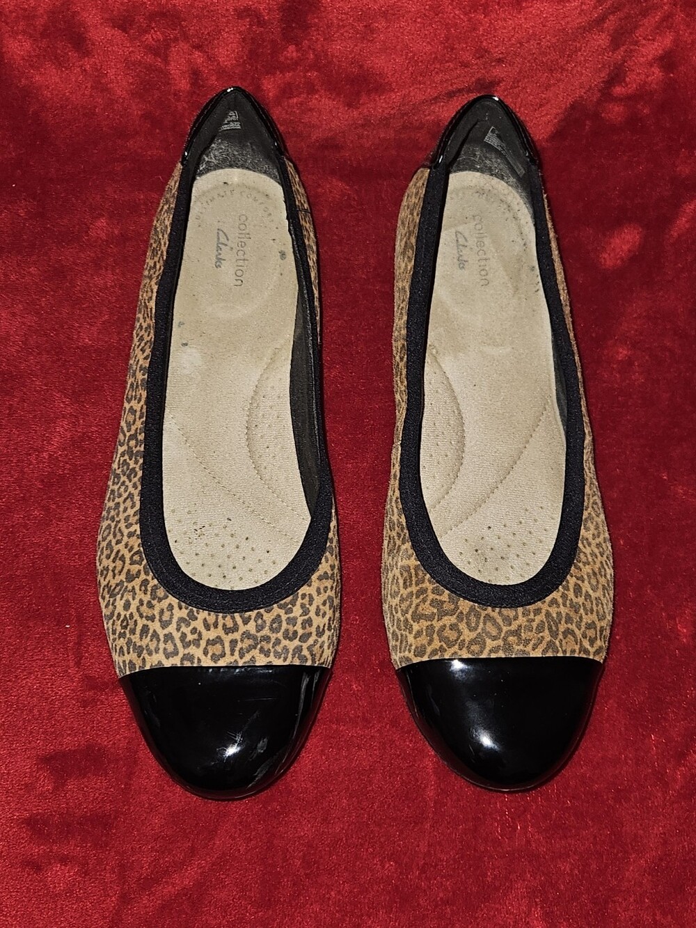 Clarks Collection Leopard Print Ballet Flats with Black Patent Toe - Size 9.5